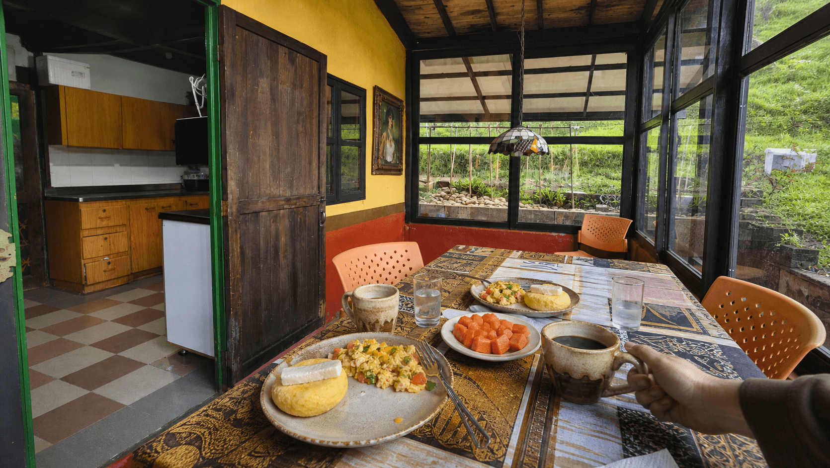 Recreation of a Colombian breakfast with sweet corn arepa at La Julia